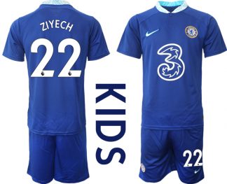 Neues Kinder Chelsea FC 2022/23 Heimtrikot Blau Trikotsatz mit Aufdruck ZIYECH 22