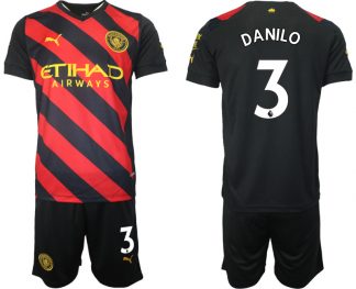 DANILO 3 Manchester City Auswärtstrikot 2022/2023 schwarz rot Kurzarm + Kurze Hosen