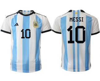 Fussballtrikots Günstig Argentinien Heimtrikot WM 2022 Weiss Blau Kurzarm MESSI 10