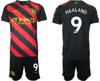HAALAND 9 Manchester City Auswärtstrikot 2022/2023 schwarz rot Kurzarm + Kurze Hosen