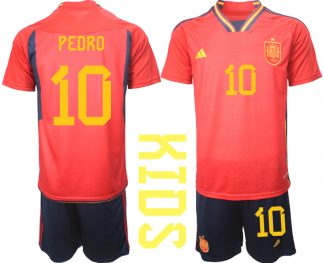 Kaufe Kinder Spanien WM 2022 Heimtrikot Teampower Rot Fußballtrikots Set PEDRO 10