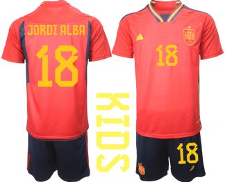 Kaufe Kinder Spanien WM 2022 Heimtrikot Teampower Rot Trikotsatz JORDI ALBA 18