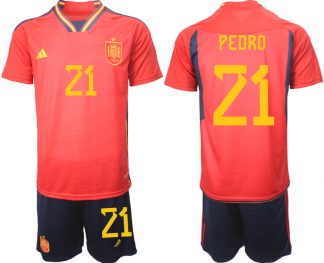 Kaufe Neue Fußballtrikots Spanien WM 2022 Heimtrikot Teampower Rot mit Aufdruck PEDRO 21