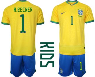 Kinder Heimtrikot Brasilien Fußball 2022 WM Gelb Trikotsatz Kurzarm + Kurze Hosen A.BECKER 1
