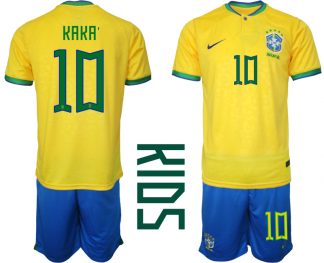 Kinder Heimtrikot Brasilien Fußball 2022 WM Gelb Trikotsatz Kurzarm + Kurze Hosen KAKA'10