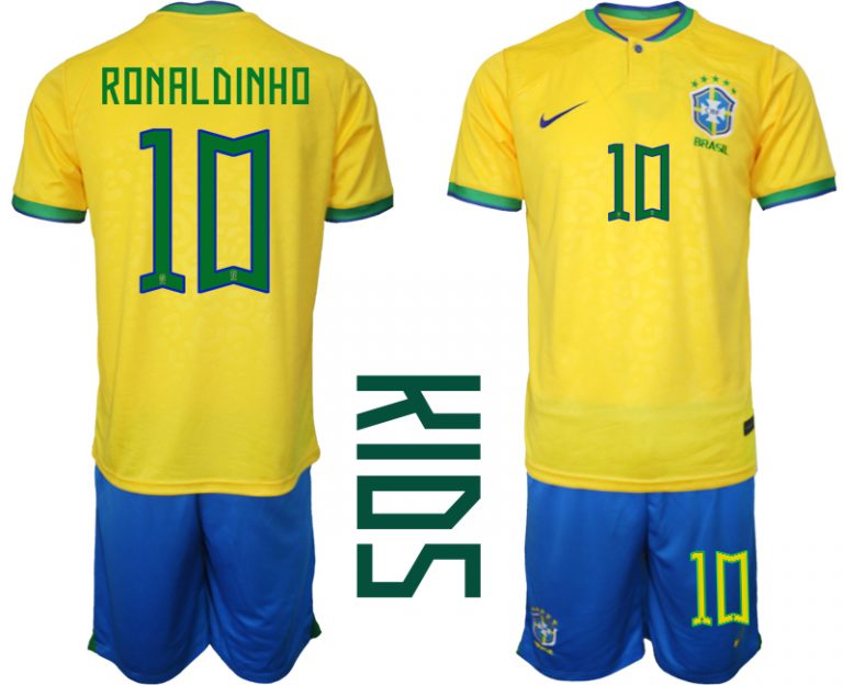 Kinder Heimtrikot Brasilien Fußball 2022 WM Gelb Trikotsatz Kurzarm + Kurze Hosen RONALDINHO 10