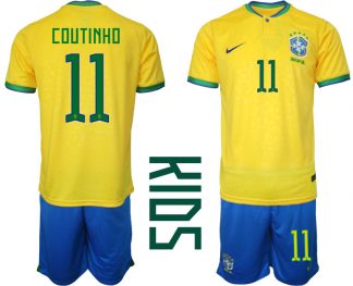 Kinder Heimtrikot Brasilien Fußball 2022 WM Gelb Trikotsatz mit Aufdruck COUTINHO 11