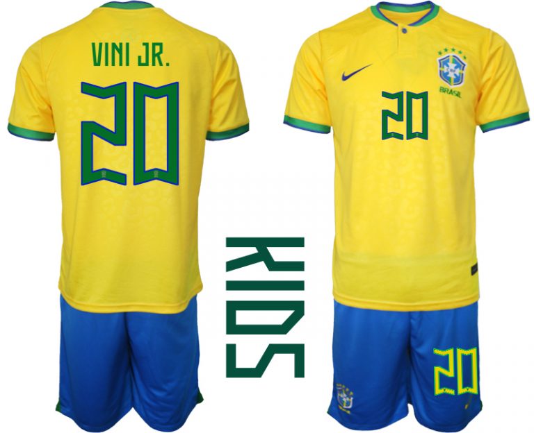 Kinder Heimtrikot Brasilien Fußball 2022 WM Gelb Trikotsatz mit Aufdruck VINI JR.20