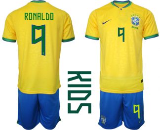 Kinder Heimtrikot Brasilien Fußball 2022 WM Gelb Trikotsatz Online Bestellen RONALDO 9