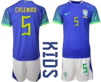 Kindertrikot Brasilien WM 2022 Auswärtstrikot blaue weiß Kurzarm Trainingsanzug CASEMIRO 5
