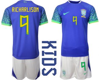 Kindertrikot Brasilien WM 2022 Auswärtstrikot blaue weiß Kurzarm Trainingsanzug RICHARLISON 9