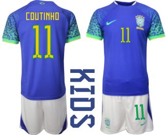 Kindertrikot Brasilien WM 2022 Auswärtstrikot blaue weiß mit Aufdruck COUTINHO 11