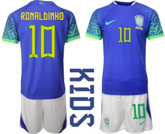 Kindertrikot Brasilien WM 2022 Auswärtstrikot blaue weiß mit Aufdruck RONALDINHO 10