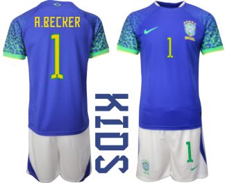 Neue Kinder Brasilien WM 2022 Auswärtstrikot blaue weiß A.BECKER 1