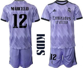 Real Madrid Kurzarm T-Shirt Auswärtstrikot 2022/23 Junior Lila Trikotsatz für Kinder MARCELO 12