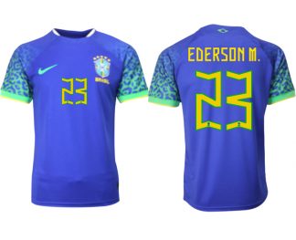 EDERSON M.#23 Herren Brasilien FIFA WM Katar 2022 Auswärtstrikot blau Kurzarm Fußballtrikots Sale