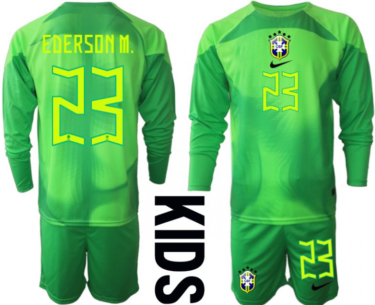 EDERSON M.23 Kindertrikot Brasilien 2022/23 Torwarttrikot grün Langarm + Kurze Hosen