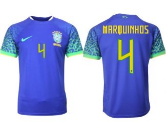 Herren Brasilien FIFA WM Katar 2022 Auswärtstrikot blau Kurzarm mit Aufdruck MARQUINHOS 4