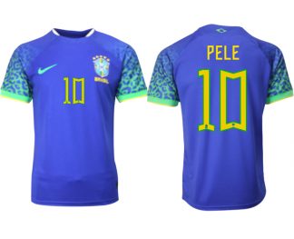 Herren Brasilien FIFA WM Katar 2022 Auswärtstrikot blau Kurzarm mit Aufdruck PELE 10
