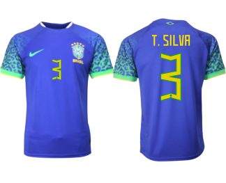 Herren Brasilien FIFA WM Katar 2022 Auswärtstrikot blau Kurzarm mit Aufdruck T.SILVA 3