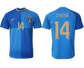 Herren Italien Trikots 2022-23 Heimtrikot Blau Kurzarm mit Aufdruck CHIESA 14