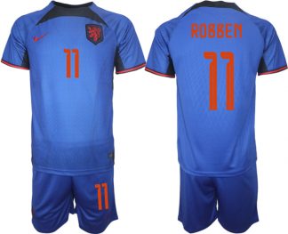 Herren Niederlande Auswärtstrikot blau Fußball WM 2022 Kurzarm + Kurze Hosen ROBBEN 11