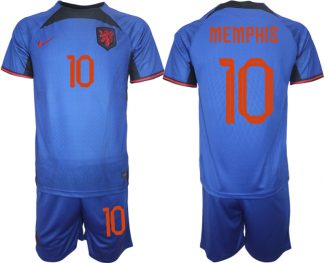 Herren Niederlande Auswärtstrikot blau Fußball WM 2022 Trikotsatz Kit MEMPHIS 10