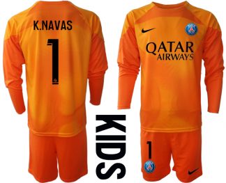 K.NAVAS 1 Paris Saint Germain PSG Goalkeeper 2022/23 Orange Langarm Kinder Fußball Trikot