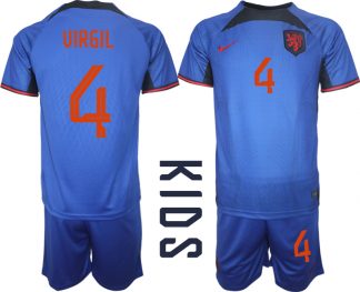 Kinder Niederlande Auswärtstrikot Fußball-WM 2022 blau mit Aufdruck VIRGIL 4