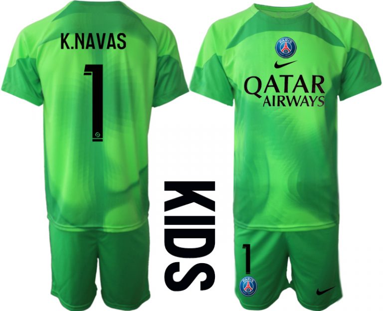 Kinder Paris Saint Germain PSG 2022-23 Torwarttrikot Kurzarm grün mit Namen K.NAVAS 1