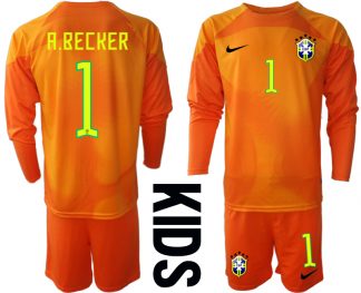Kindertrikot Brasilien 2022/23 Torwarttrikot orange Langarm mit Aufdruck A.BECKER 1