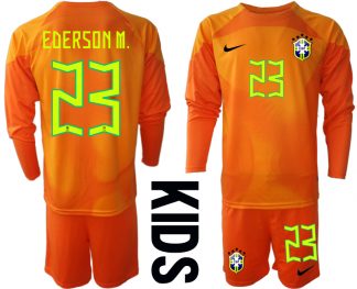Kindertrikot Brasilien 2022/23 Torwarttrikot orange Langarm mit Aufdruck EDERSON M.23