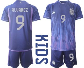 ALVAREZ #9 Kinder Argentinien WM 2022 Auswärtstrikot Lila Kurzarm + Kurze Hosen