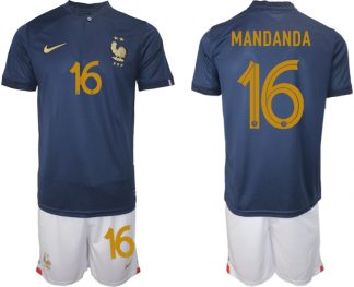 Billige Frankreich WM 2022 Heimtrikot Marineblau Kurzarm + Kurze Hosen MANDANDA 16
