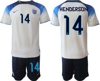 HENDERSON #14 Herren England Fußball-WM 2022 Heimtrikot weiß blau Kurzarm + Kurze Hosen