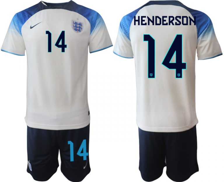 HENDERSON #14 Herren England Fußball-WM 2022 Heimtrikot weiß blau Kurzarm + Kurze Hosen