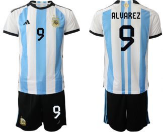 Herren Argentinien T-Shirt Fußball-WM 2022 World Cup Heimtrikots mit Aufdruck ALVAREZ 9
