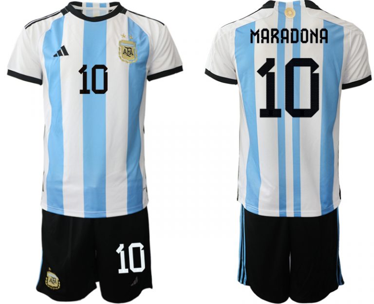 Herren Argentinien T-Shirt Fußball-WM 2022 World Cup Heimtrikots mit Aufdruck MARADONA 10