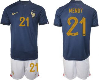Herren Frankreich WM 2022 Heimtrikot Marineblau Kurzarm + Kurze Hosen MENDY 21