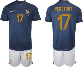 Herren Frankreich WM 2022 Heimtrikot Marineblau Kurzarm + Kurze Hosen VERETOUT 17