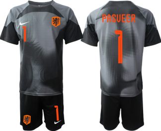 Herren Niederlande Torwarttrikot 2022-23 schwarz grau Kurzarm Trikotsatz Kit mit Namen PASVEER 1