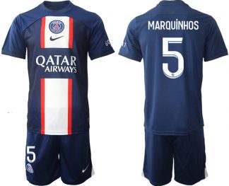 Herren Paris Saint Germain PSG 2022-23 Heimtrikot Kurzarm + Kurze Hosen mit Namen MARQUiNHOS 5