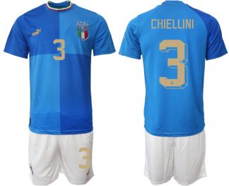 Italien EURO 2022 Heimtrikots für Herren blau Kurzarm + weiß Kurze Hosen CHIELLINI 3