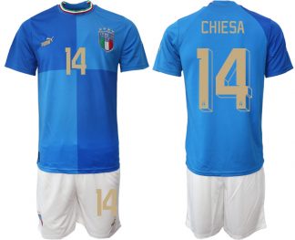Italien EURO 2022 Heimtrikots für Herren blau Kurzarm + weiß Kurze Hosen CHIESA 14