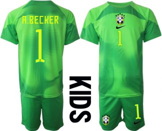 Kinder Brasilien 2022/23 Torwarttrikot in grün Trikotsatz Kurzarm + Kurze Hosen A.BECKER 1