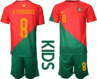 Kinder Portugal Heimtrikot T-Shirt Fußball-WM 2022 rot grün Trikotsatz Kit B.FERNANDES 8