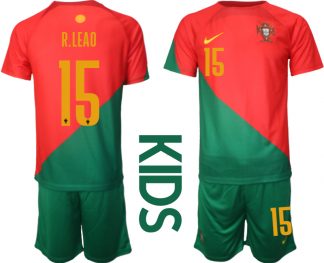 Kinder Portugal Heimtrikot T-Shirt Fußball-WM 2022 rot grün Trikotsatz Kit R.LEAO 15
