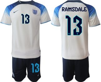 RAMSDALE #13 Herren England Fußball-WM 2022 Heimtrikot weiß blau Kurzarm + Kurze Hosen