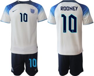 ROONEY #10 Herren England Fußball-WM 2022 Heimtrikot weiß blau Kurzarm + Kurze Hosen
