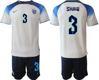 SHAW #3 Herren England Fußball-WM 2022 Heimtrikot weiß blau Kurzarm + Kurze Hosen